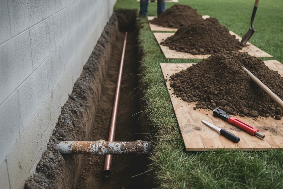 Excavated water line trench during Sewer Line Repair in Mathis